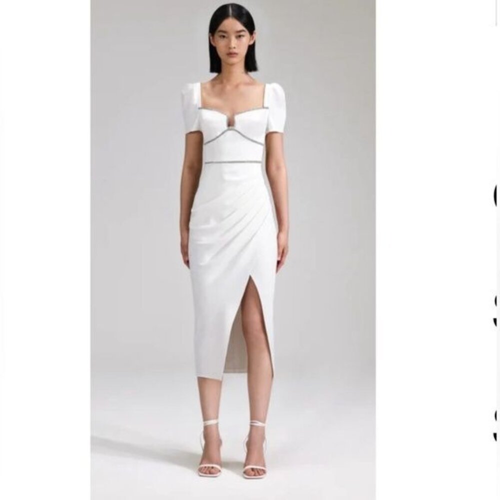 Self-Portrait White Crepe Diamante Midi Dress White Size 12